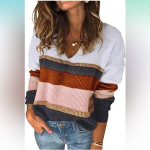Long Sleeve Striped Color Block Knitted Sweater Crew Neck Loose Pullover